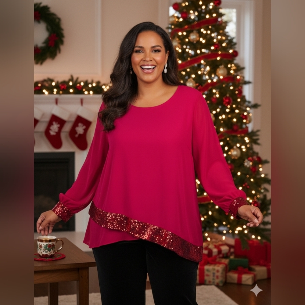 JM‎ Collection Red Sequin Trim Blouse 3X New